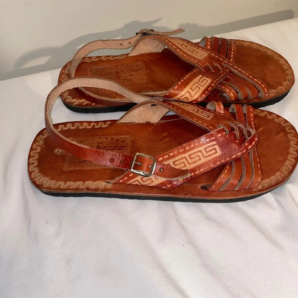 Don Porfirio Leather Huarache Sandals Tan Greek Key Etched Mens 8